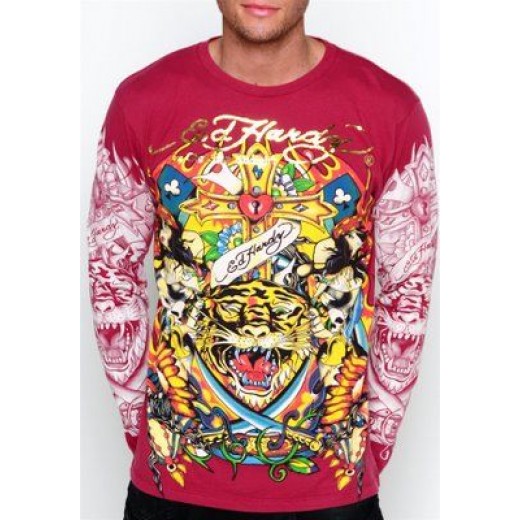 Ed Hardy Mens Tiger Two Swords L-S Tee Red