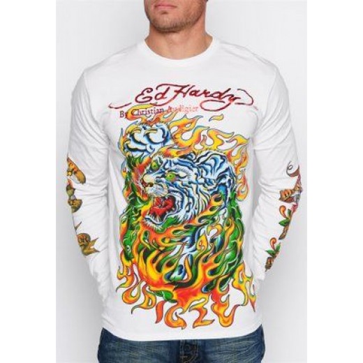 Ed Hardy Mens Flaming Tiger L-S Tee White
