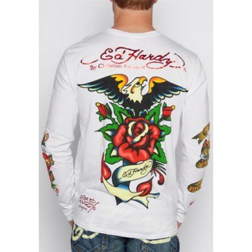 Ed Hardy Mens Flaming Tiger L-S Tee White