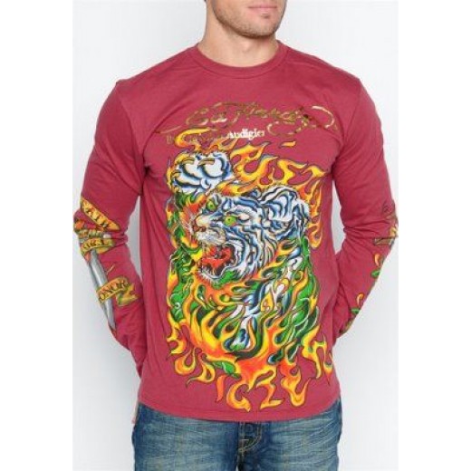 Ed Hardy Mens Flaming Tiger L-S Tee Red